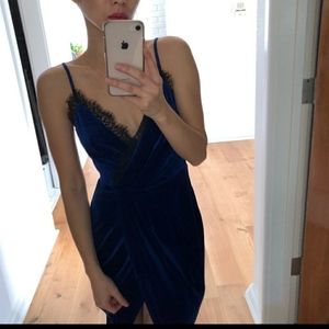 ASOS jewel blue slit dress with black lace